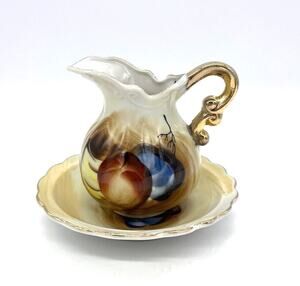 Vintage Norcrest Hand Painted Fruit Mini 3.5" Tall Pitcher & Bowl Set Japan